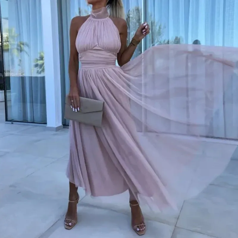 White Sexy Mesh Lace Hem Boho Long Dress Women Spring Elegant High Waist Pleated Party Dress Summer Halter Backless Maxi Dresses