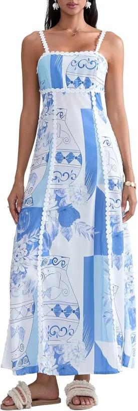 Women Boho Backless Maxi Dress Y2K Casual Vintage Floral Print Tie Back A-Line Party Dress Vacation Beach Sundress