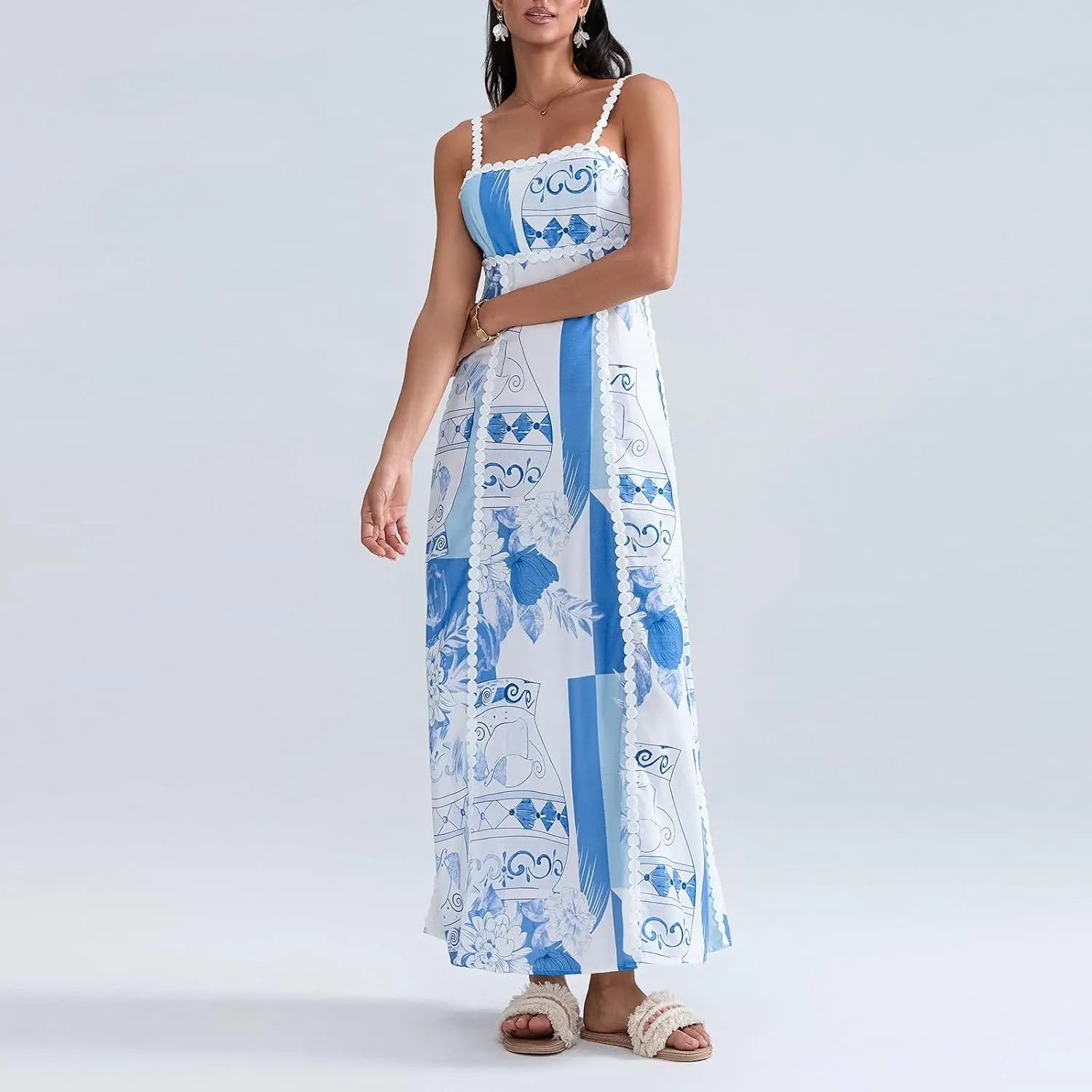 Women Boho Backless Maxi Dress Y2K Casual Vintage Floral Print Tie Back A-Line Party Dress Vacation Beach Sundress