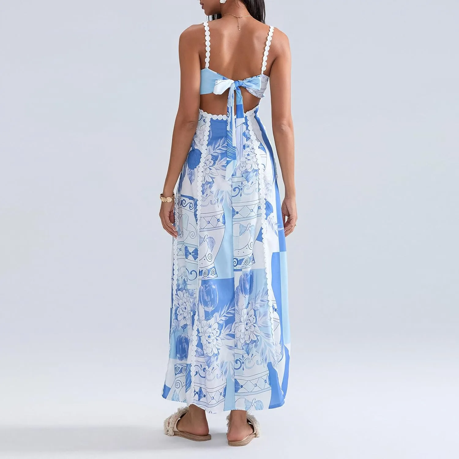Women Boho Backless Maxi Dress Y2K Casual Vintage Floral Print Tie Back A-Line Party Dress Vacation Beach Sundress