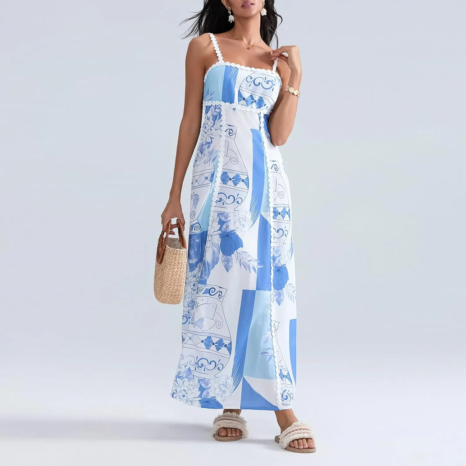 Women Boho Backless Maxi Dress Y2K Casual Vintage Floral Print Tie Back A-Line Party Dress Vacation Beach Sundress