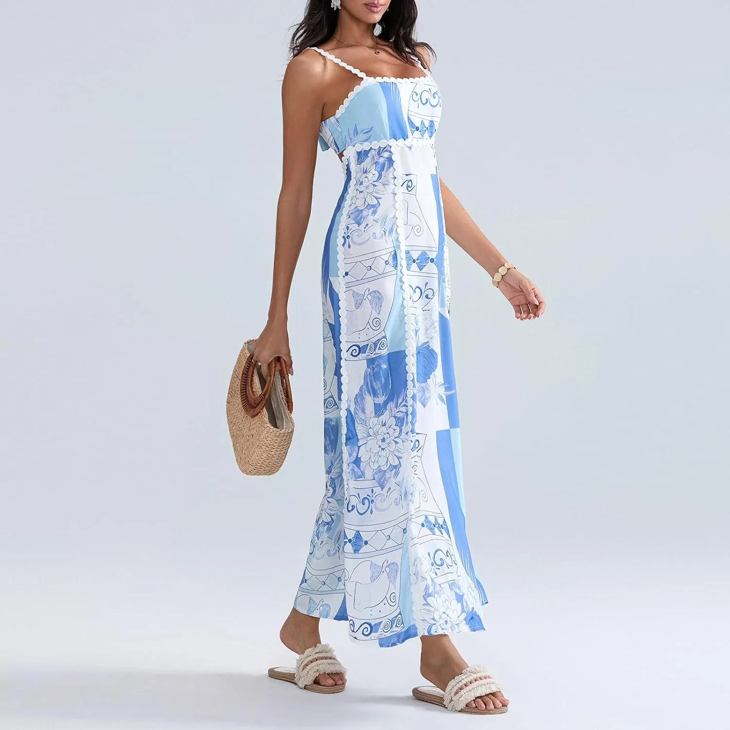 Women Boho Backless Maxi Dress Y2K Casual Vintage Floral Print Tie Back A-Line Party Dress Vacation Beach Sundress