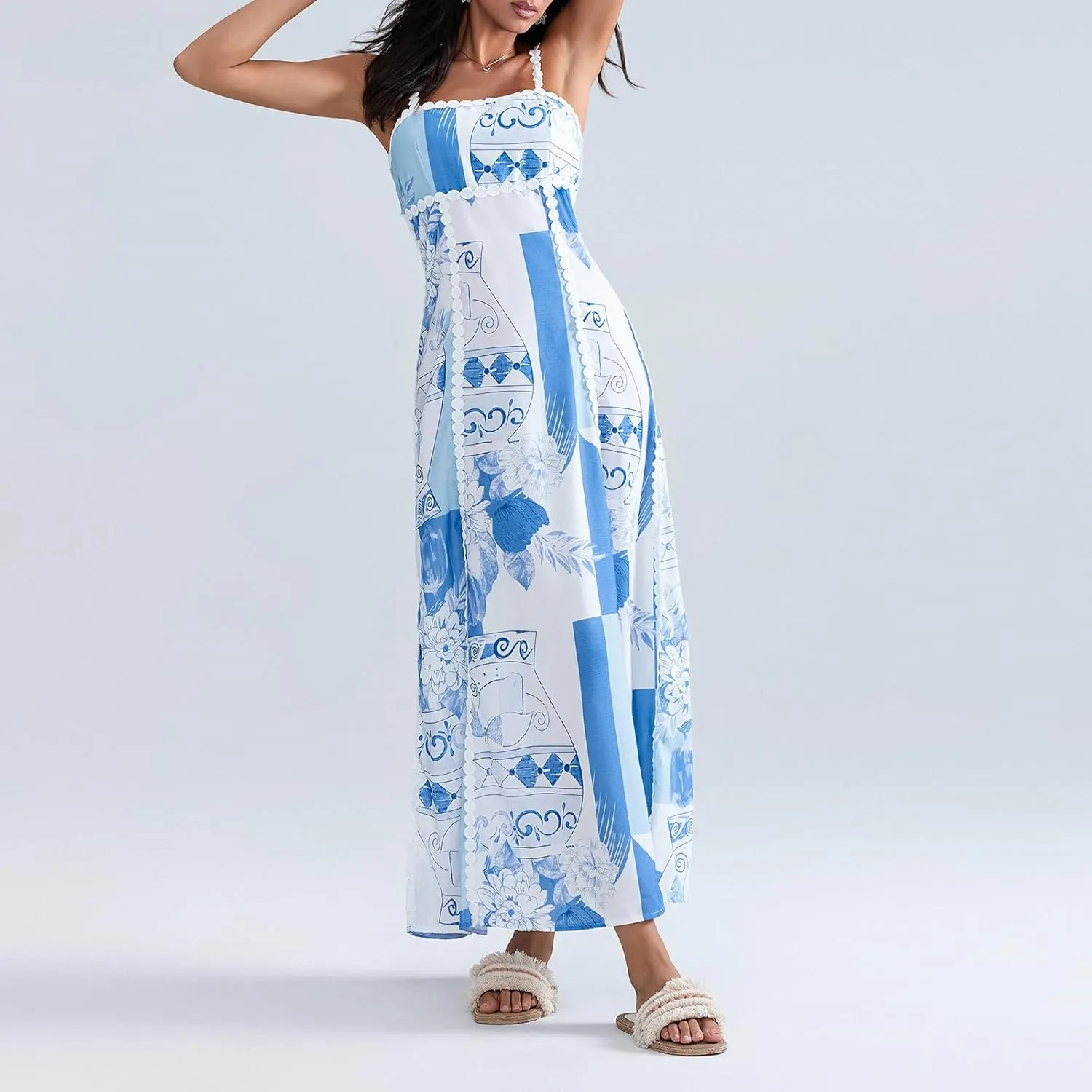 Women Boho Backless Maxi Dress Y2K Casual Vintage Floral Print Tie Back A-Line Party Dress Vacation Beach Sundress