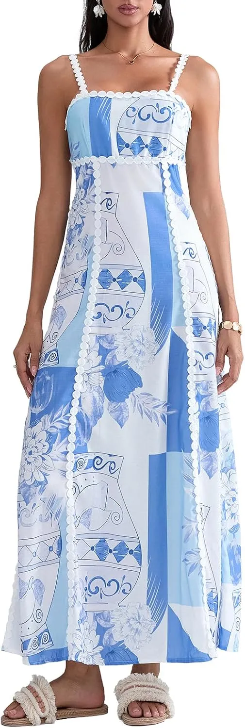 Women Boho Backless Maxi Dress Y2K Casual Vintage Floral Print Tie Back A-Line Party Dress Vacation Beach Sundress