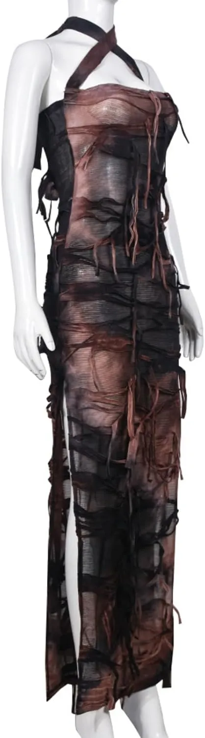 Women Sexy Tie Dye Fringe Bodycon Dress Y2K Sleeveless Split Evening Cocktail Formal Gowns for Party Club Night