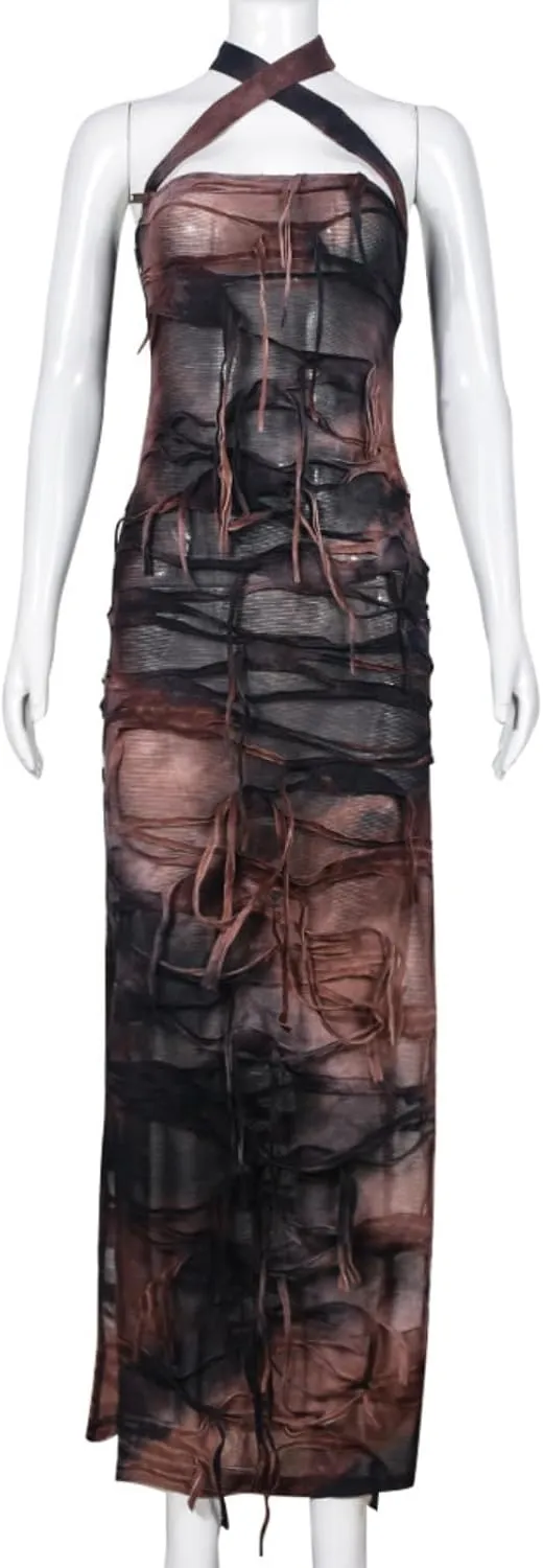 Women Sexy Tie Dye Fringe Bodycon Dress Y2K Sleeveless Split Evening Cocktail Formal Gowns for Party Club Night