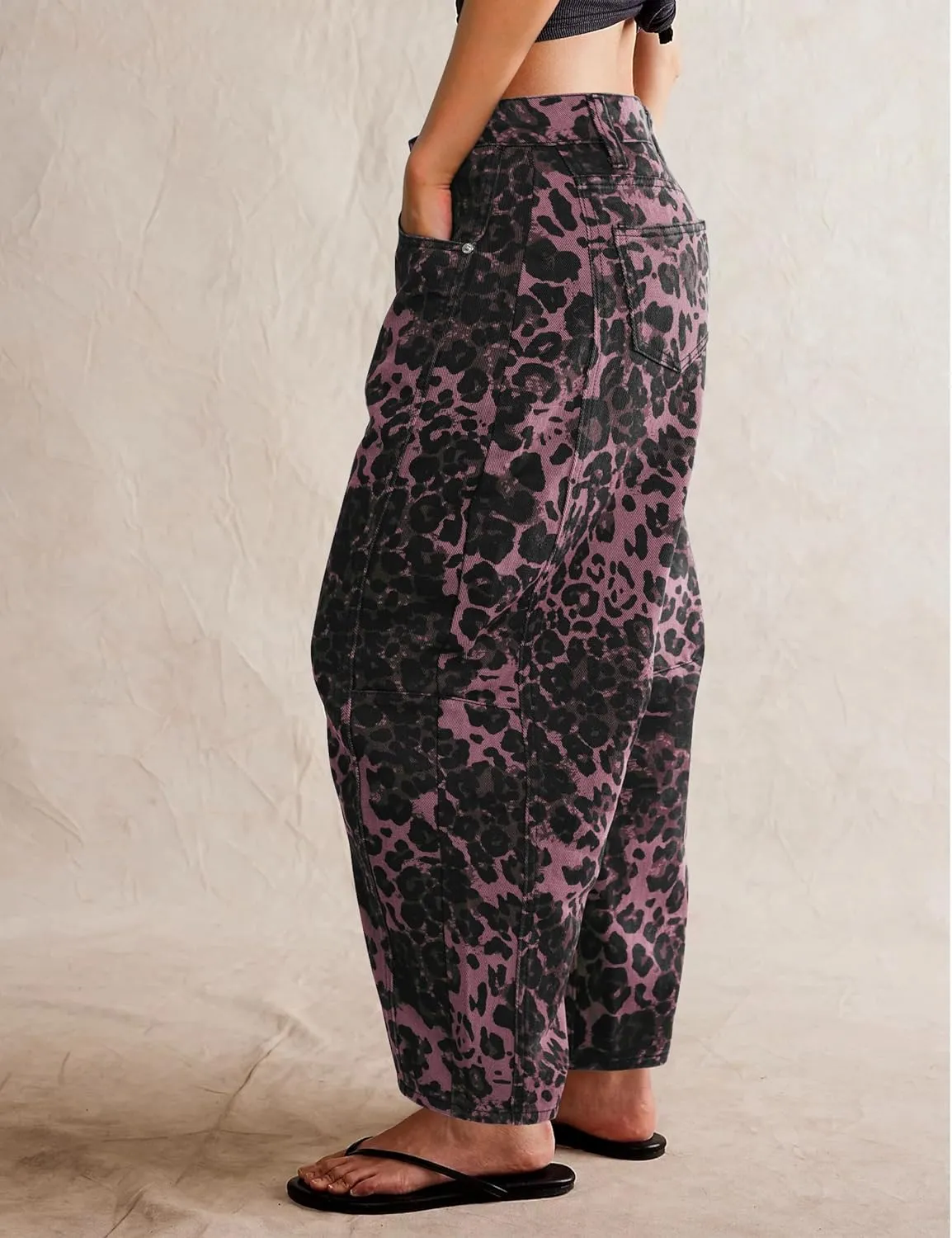 Women's Barrel Boyfriend Baggy Leopard Print Jeans Mid Rise Cropped Wide Leg Y2K Horseshoe Jeans for Women Trendy