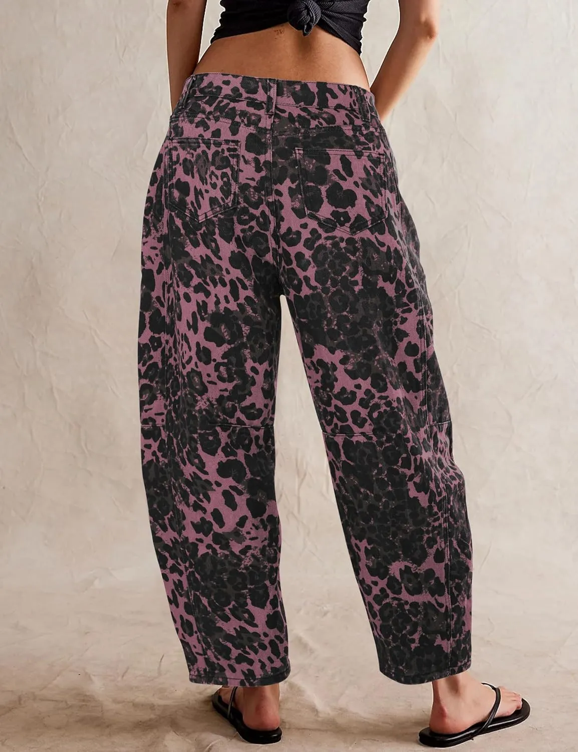 Women's Barrel Boyfriend Baggy Leopard Print Jeans Mid Rise Cropped Wide Leg Y2K Horseshoe Jeans for Women Trendy