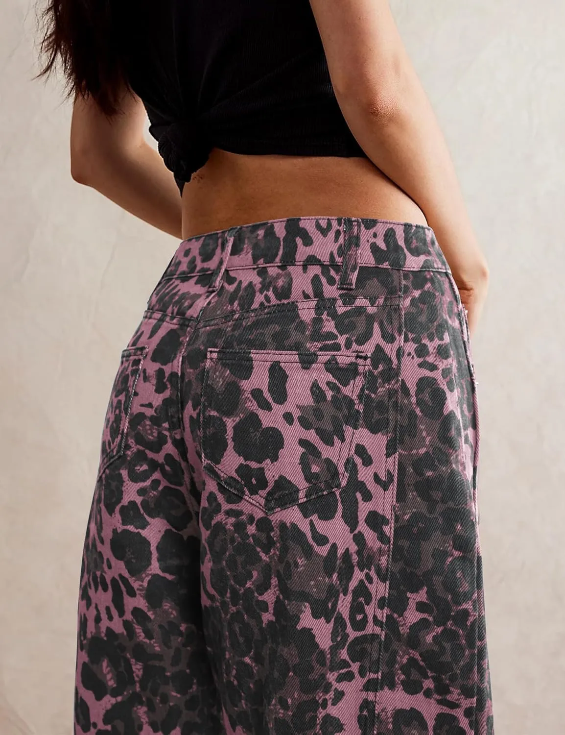 Women's Barrel Boyfriend Baggy Leopard Print Jeans Mid Rise Cropped Wide Leg Y2K Horseshoe Jeans for Women Trendy