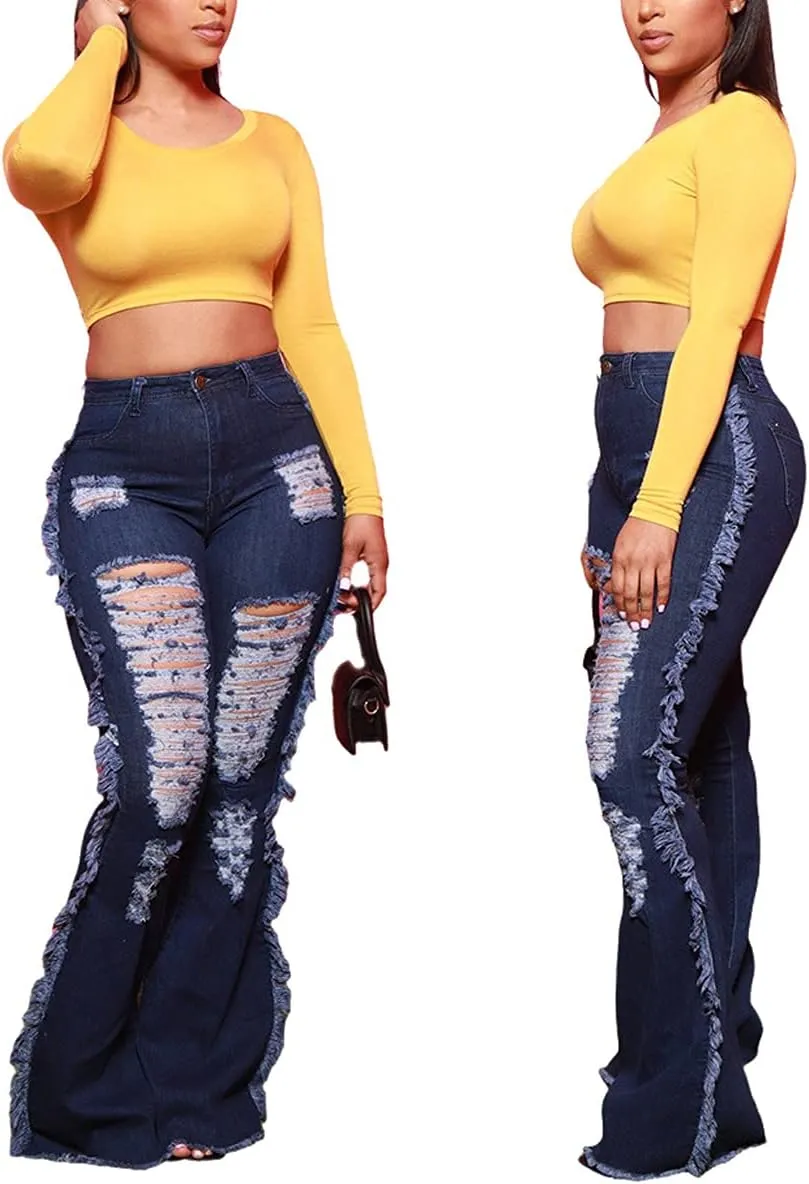 Women's Bell Bottom Jeans Classic Destoryed Ripped Flare Jeans Elastic Waist Raw Hem Denim Pants