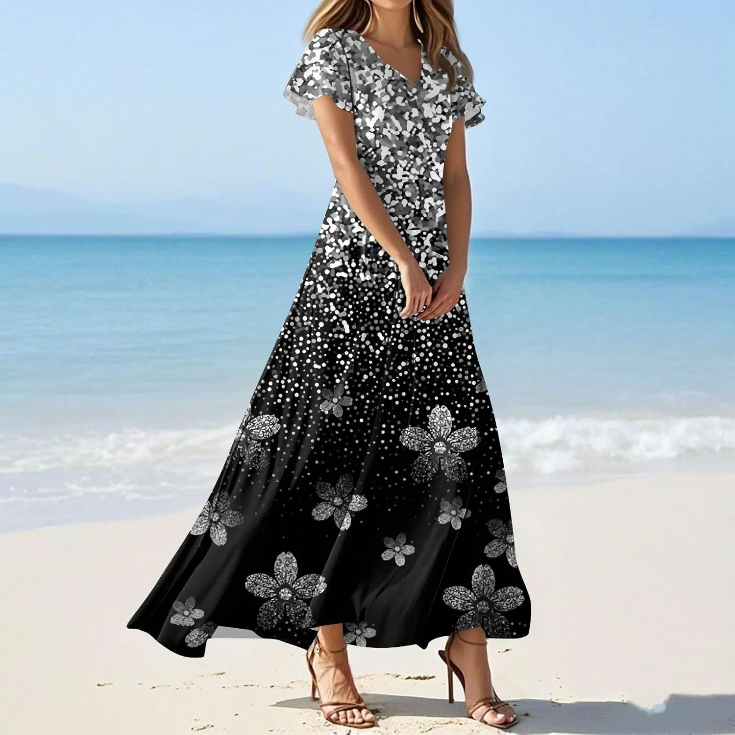 Womens Dresses Summer 2025 Boho Floral Ruffle Cap Sleeve Floral Maxi Dress Casual Flowy Boho Dresses