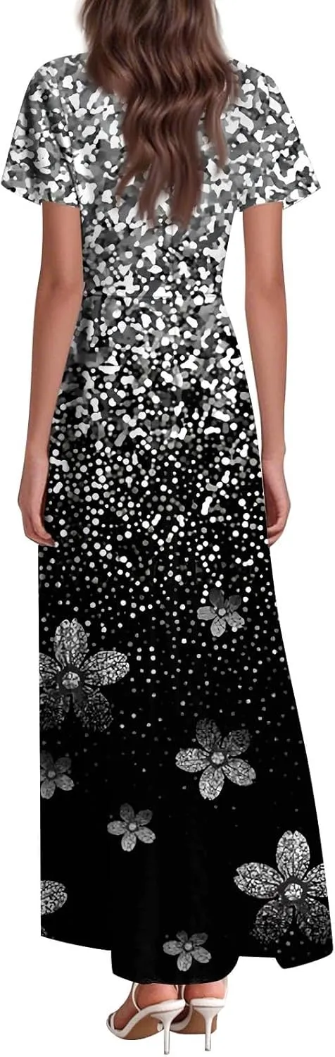 Womens Dresses Summer 2025 Boho Floral Ruffle Cap Sleeve Floral Maxi Dress Casual Flowy Boho Dresses