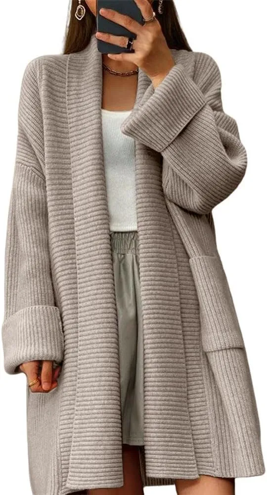 Women's Fall Casual Open Front Midi Long Cardigan Sweater Loose Fit Chunky Knit Coatigan Coat