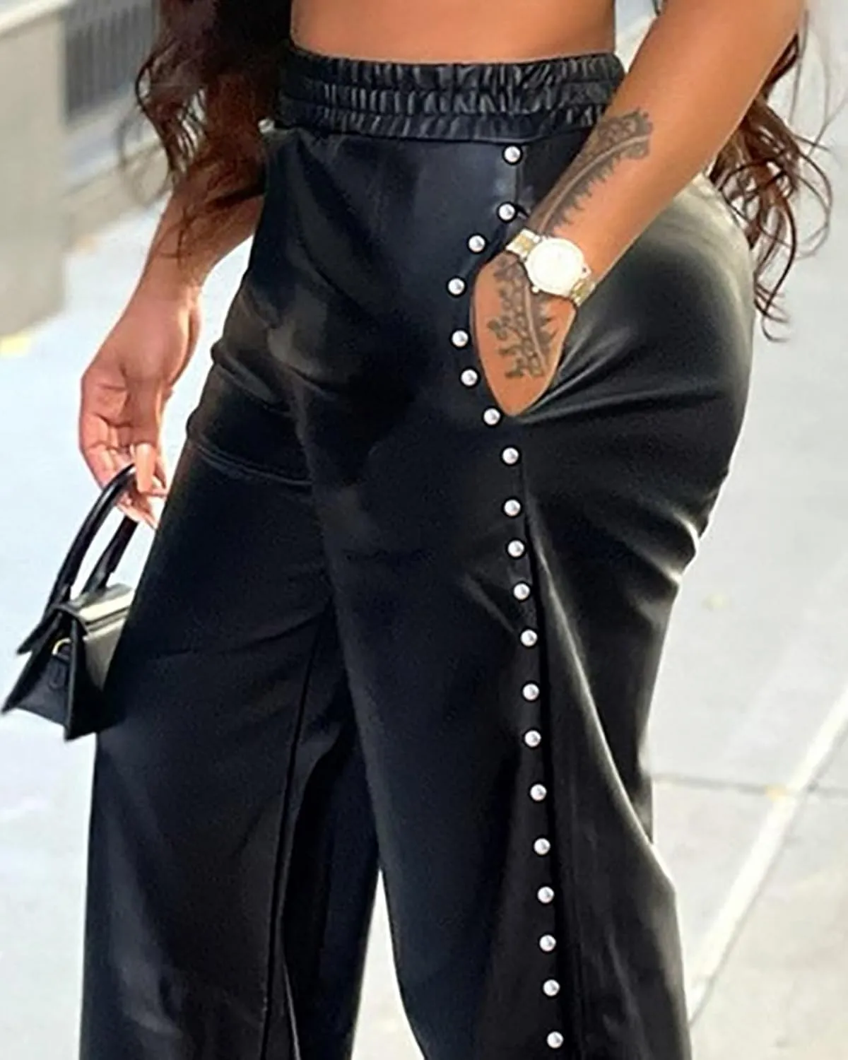 Women's Faux Leather Pants High Waisted Straight Wide Leg Trousers Rivets Slit Pu Leggings