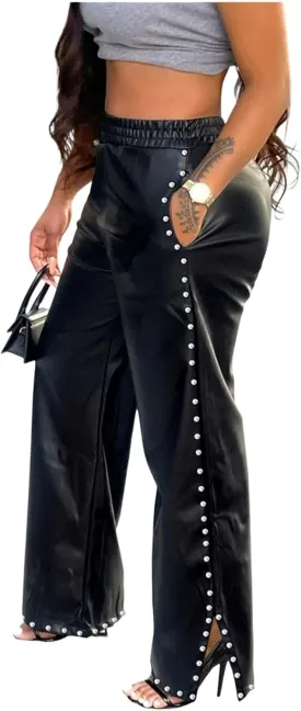 Women's Faux Leather Pants High Waisted Straight Wide Leg Trousers Rivets Slit Pu Leggings