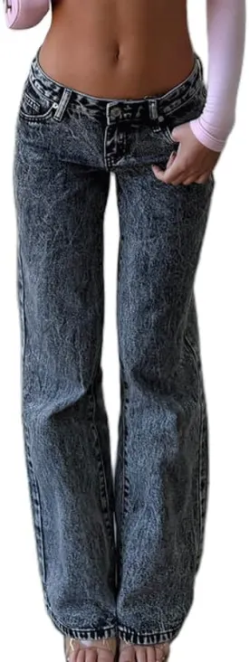 Women's Flare Bell Bottom Jeans Y2K Vintage Low Rise Stretch Bootcut Jeans Casual Wide Leg Denim Pants Streetwear