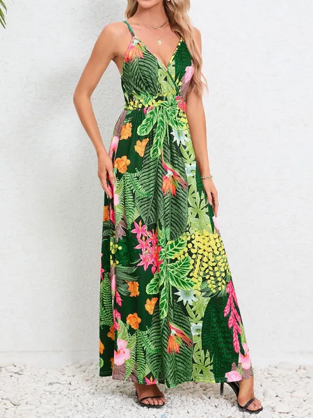 Women's Floral Print V-neck Backless Cami Dress HEQZUDWUEN