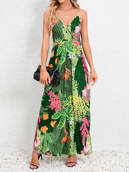 Women's Floral Print V-neck Backless Cami Dress HEQZUDWUEN