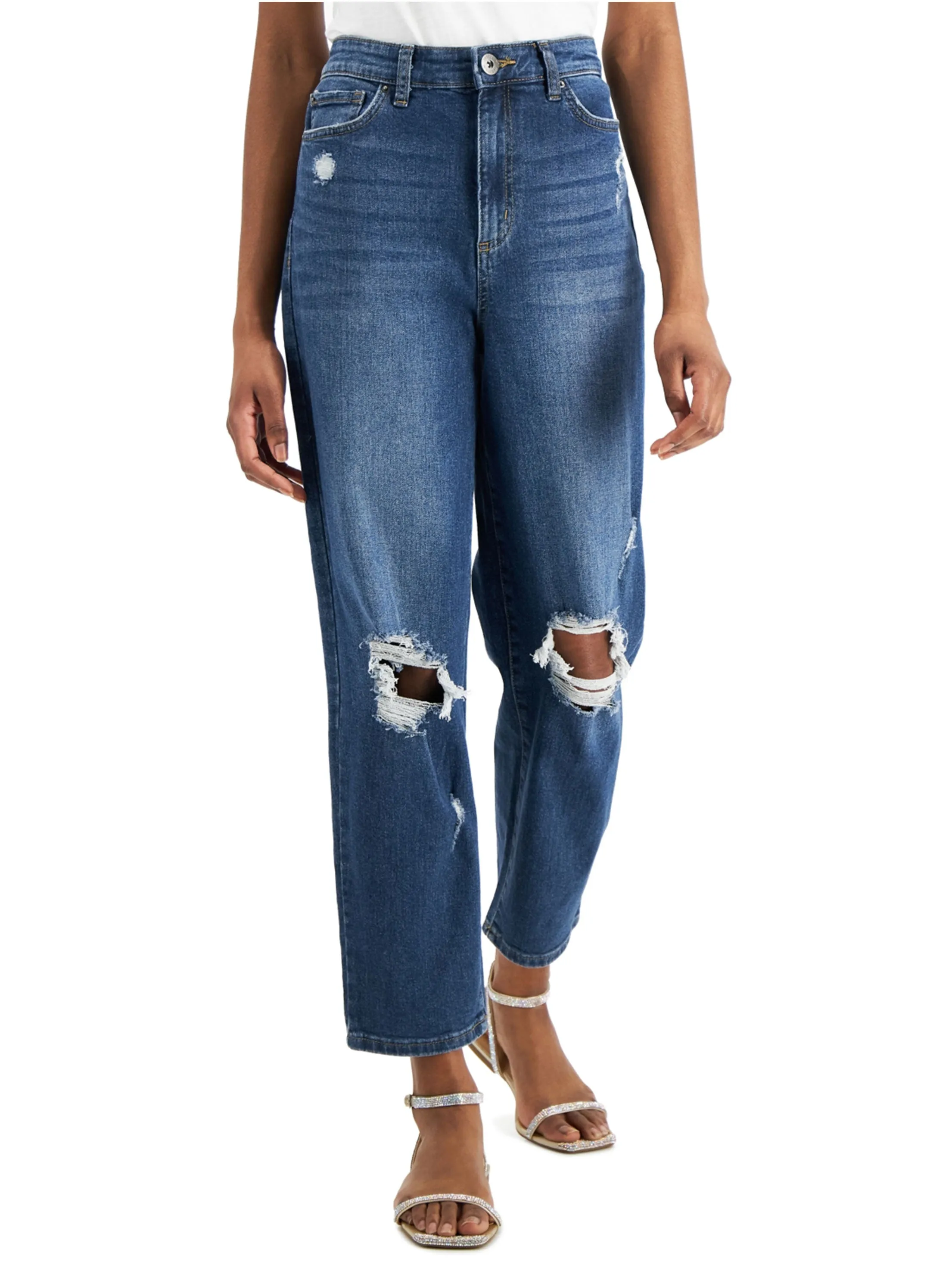Women's High Rise Ripped Mom Jeans,Dark Blue