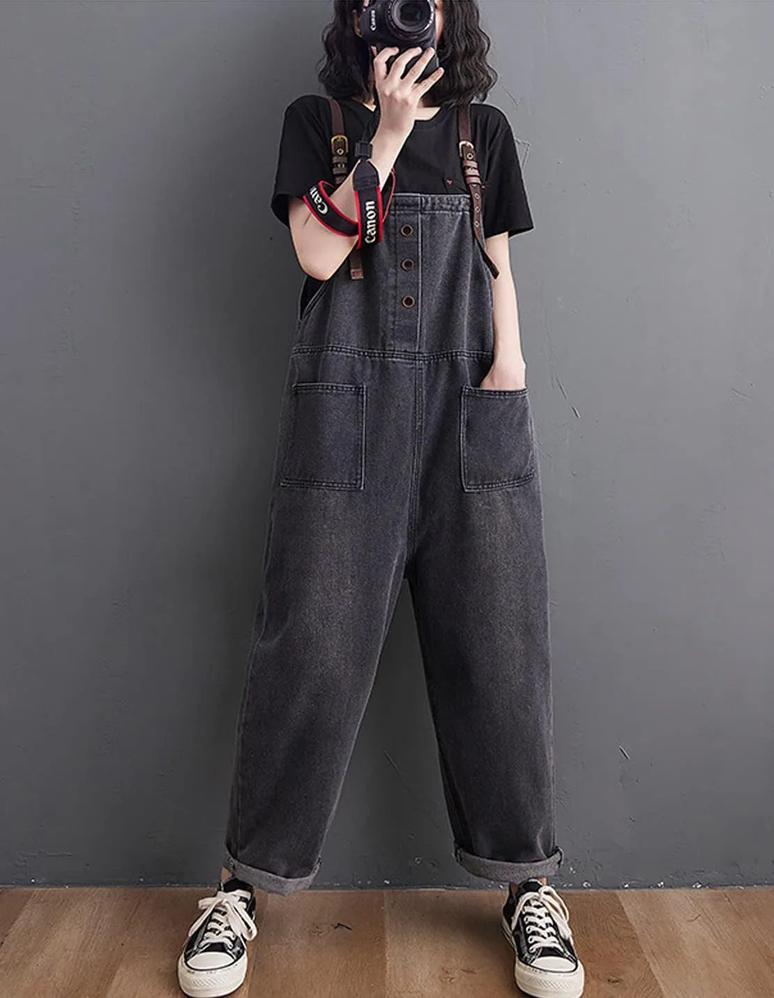 Women's Loose Baggy Denim Overalls Casual Vintage Adjustable Straps Stretch Bib Jumpsuit Rompers Harem Pants