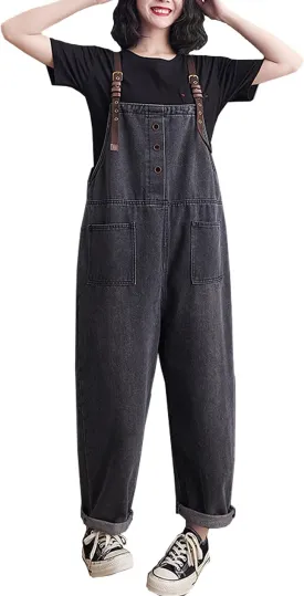 Women's Loose Baggy Denim Overalls Casual Vintage Adjustable Straps Stretch Bib Jumpsuit Rompers Harem Pants