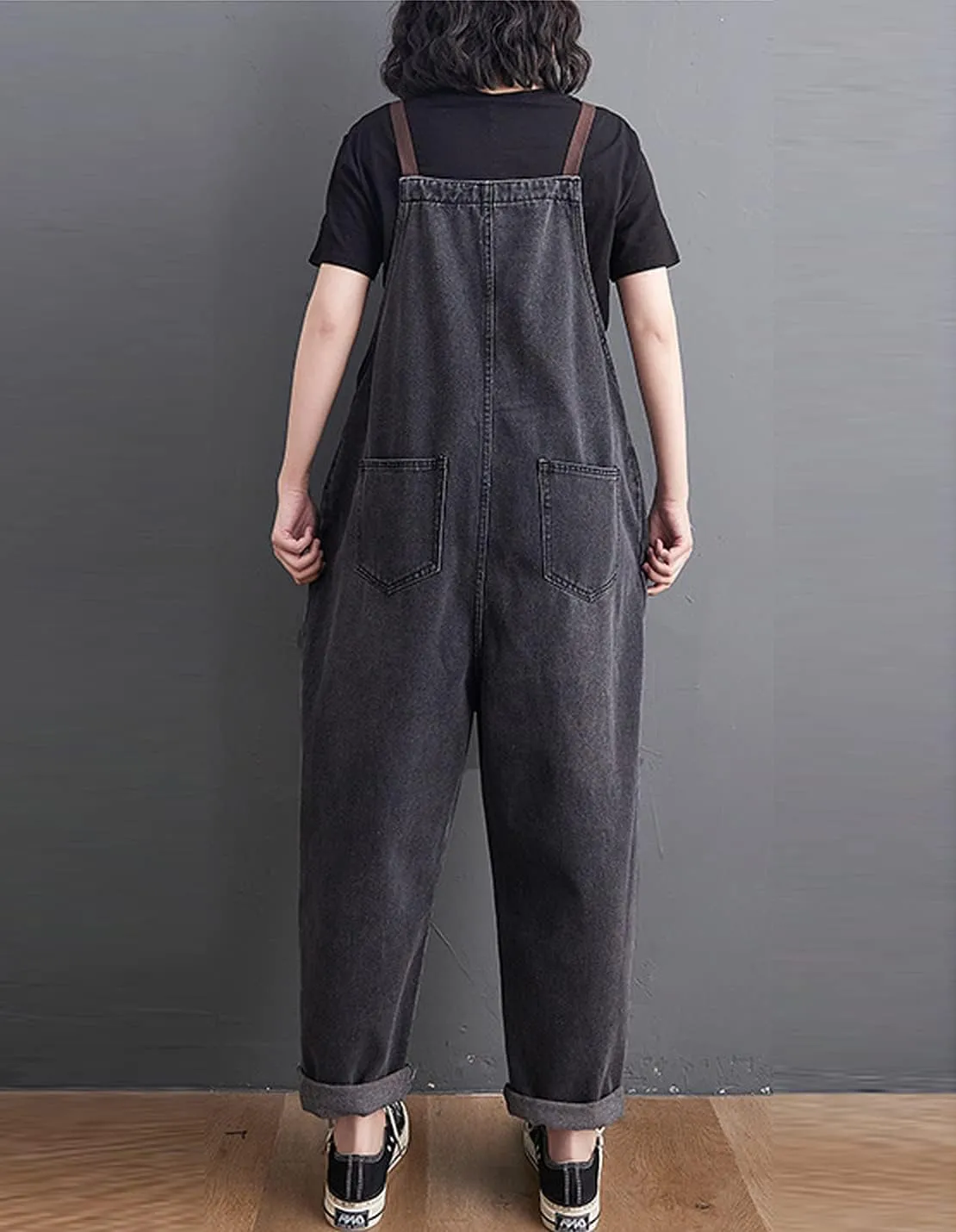 Women's Loose Baggy Denim Overalls Casual Vintage Adjustable Straps Stretch Bib Jumpsuit Rompers Harem Pants