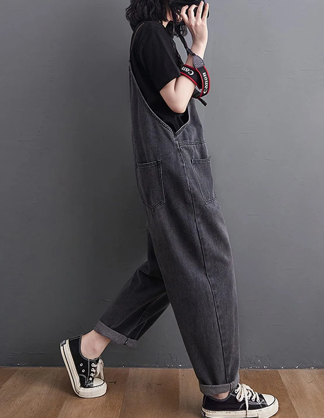 Women's Loose Baggy Denim Overalls Casual Vintage Adjustable Straps Stretch Bib Jumpsuit Rompers Harem Pants