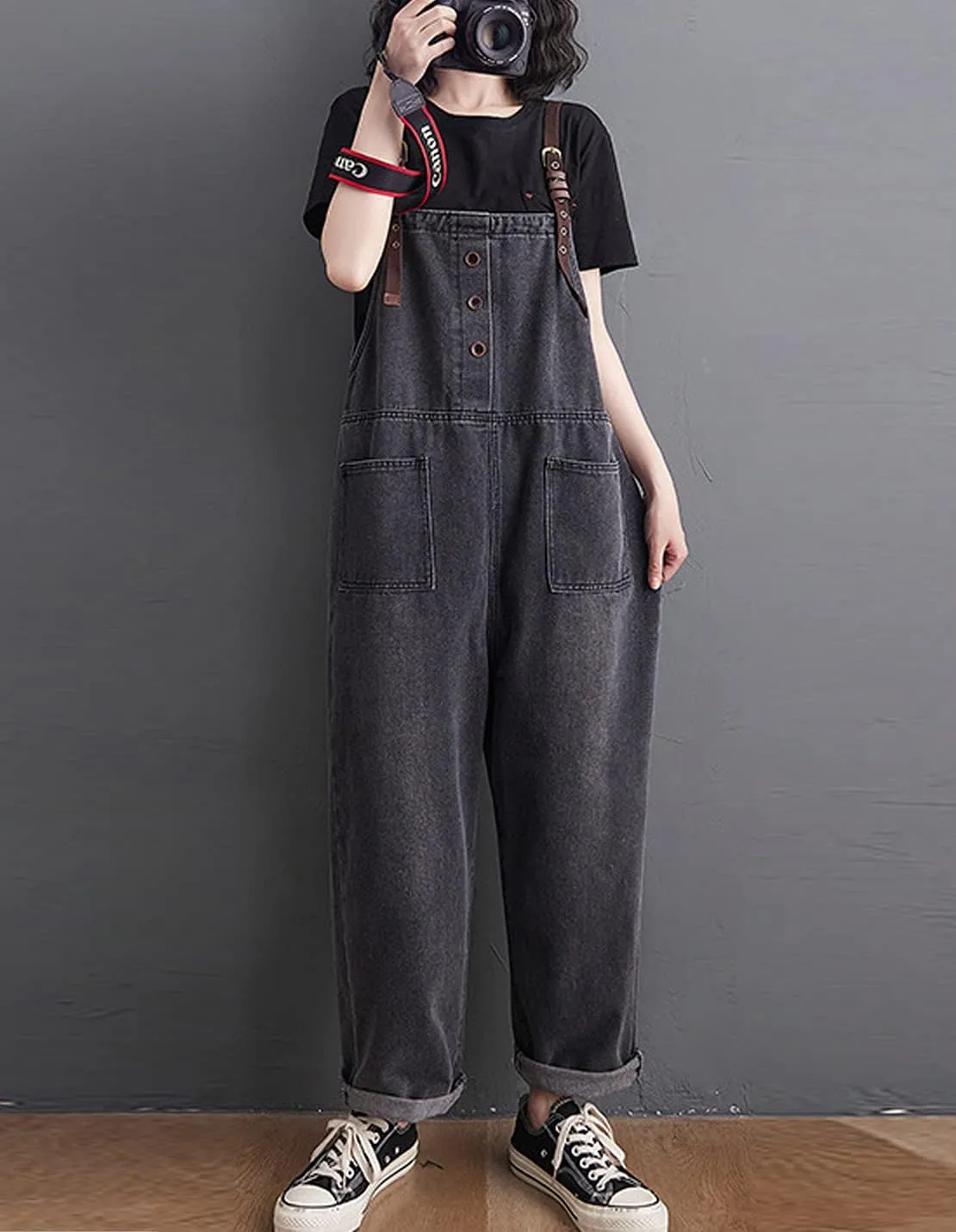 Women's Loose Baggy Denim Overalls Casual Vintage Adjustable Straps Stretch Bib Jumpsuit Rompers Harem Pants