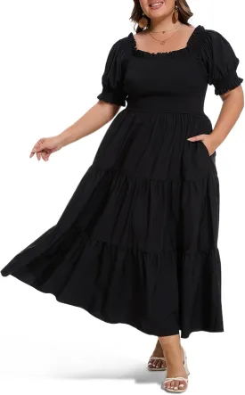 Women's Plus Size Casual Maxi Dress Square Neck Smocked Dress Short Puff Sleeve Floral Solid Summer Dress