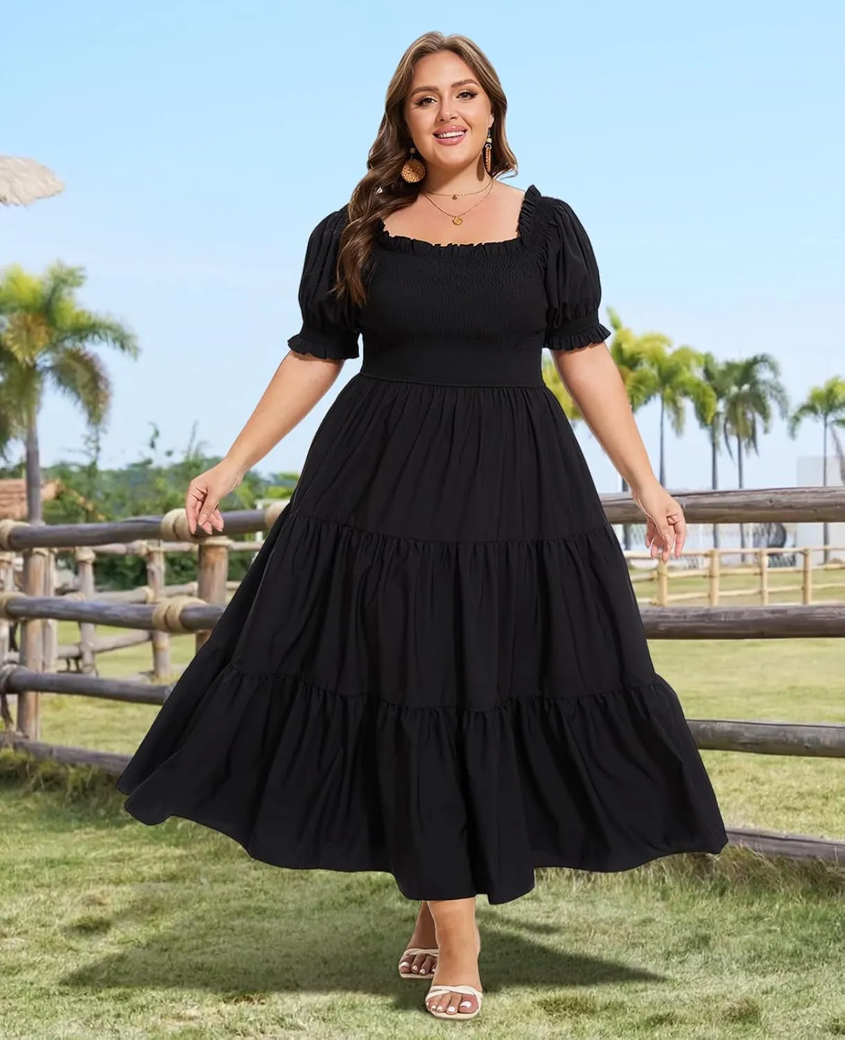 Women's Plus Size Casual Maxi Dress Square Neck Smocked Dress Short Puff Sleeve Floral Solid Summer Dress