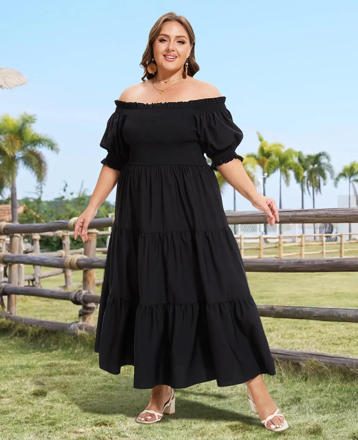 Women's Plus Size Casual Maxi Dress Square Neck Smocked Dress Short Puff Sleeve Floral Solid Summer Dress