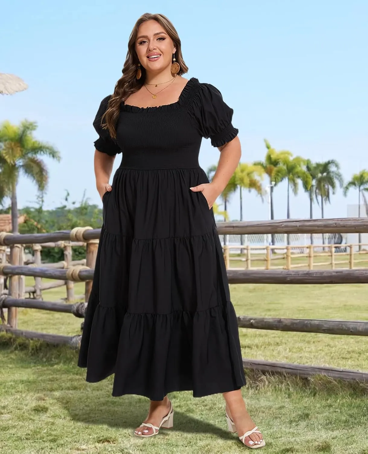 Women's Plus Size Casual Maxi Dress Square Neck Smocked Dress Short Puff Sleeve Floral Solid Summer Dress