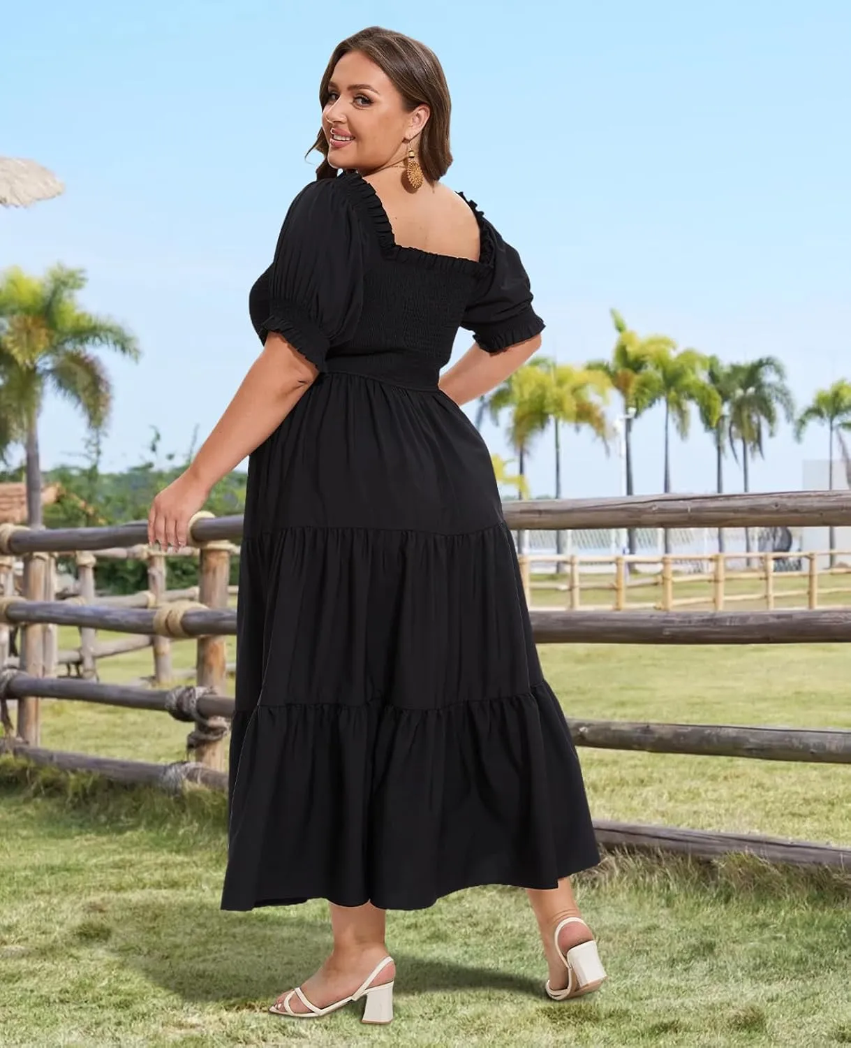 Women's Plus Size Casual Maxi Dress Square Neck Smocked Dress Short Puff Sleeve Floral Solid Summer Dress