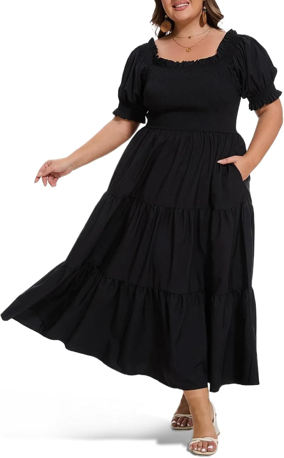 Women's Plus Size Casual Maxi Dress Square Neck Smocked Dress Short Puff Sleeve Floral Solid Summer Dress