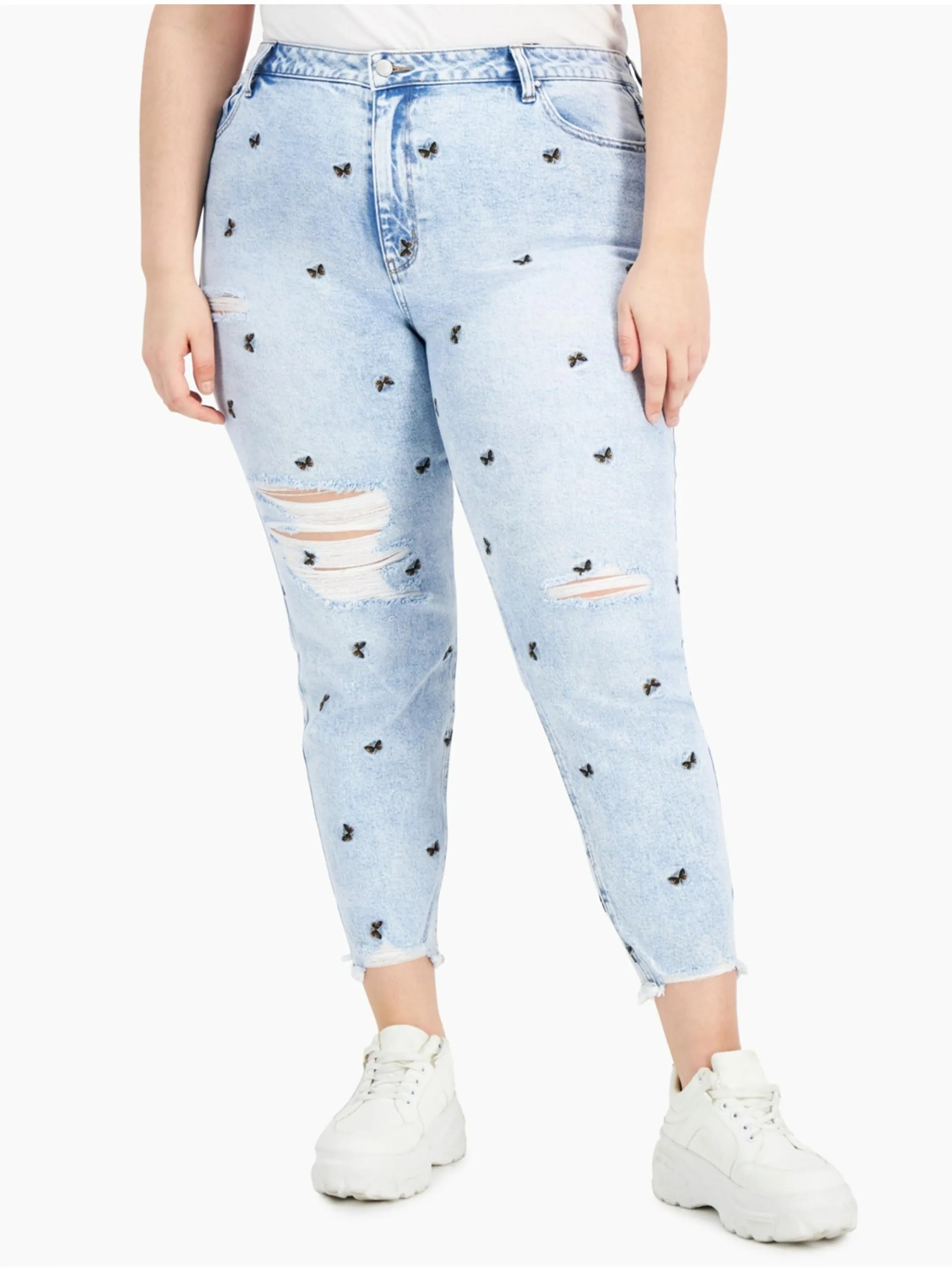 Women's Ripped Embroidered Washed Mom Jeans,Light Blue