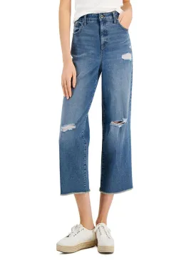 Women's Ripped Wide-Leg Cropped Jeans,Blue