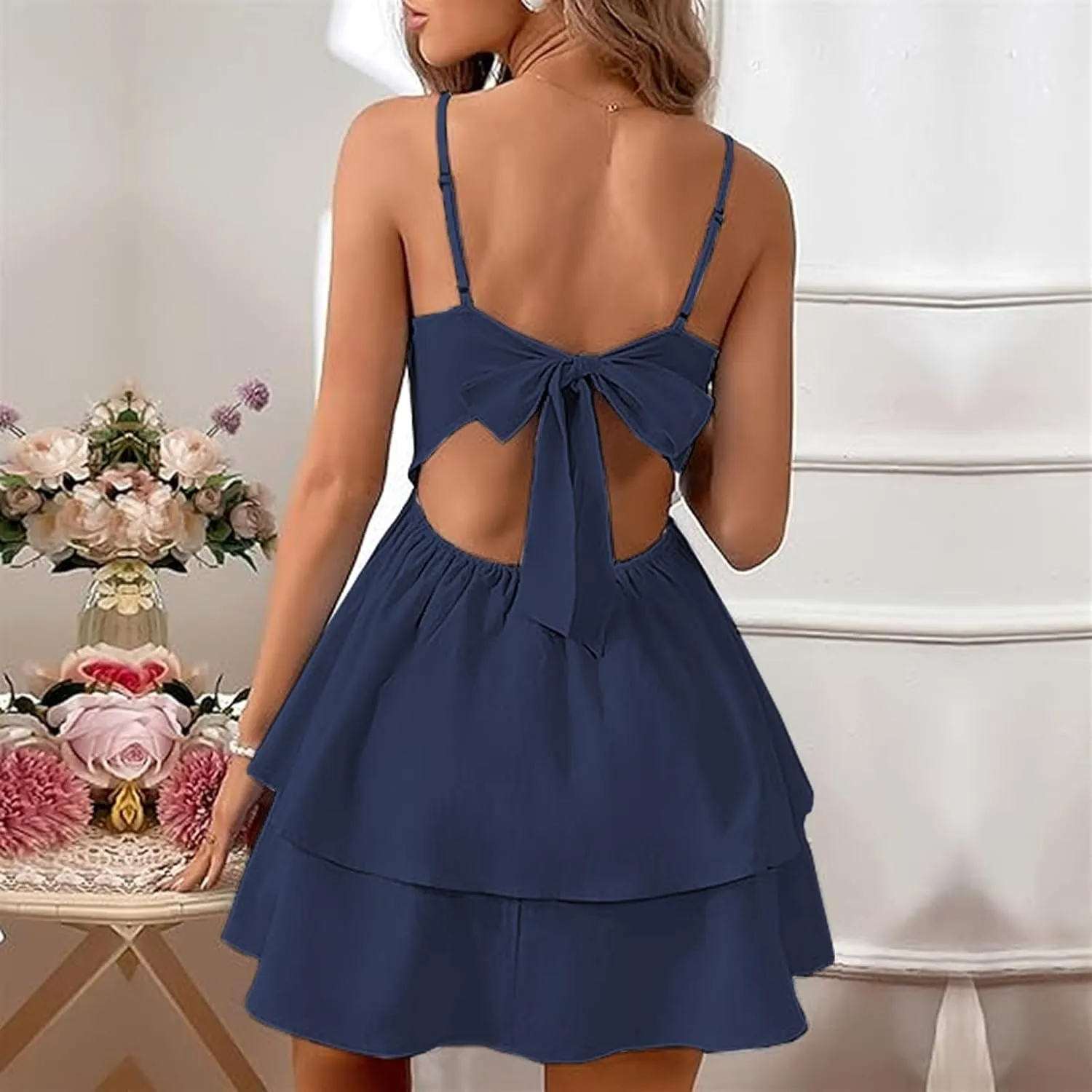 Women's Sexy Backless Halter Dress with Adjustable Bow - Summer V-Neck Mini Dress for Parties