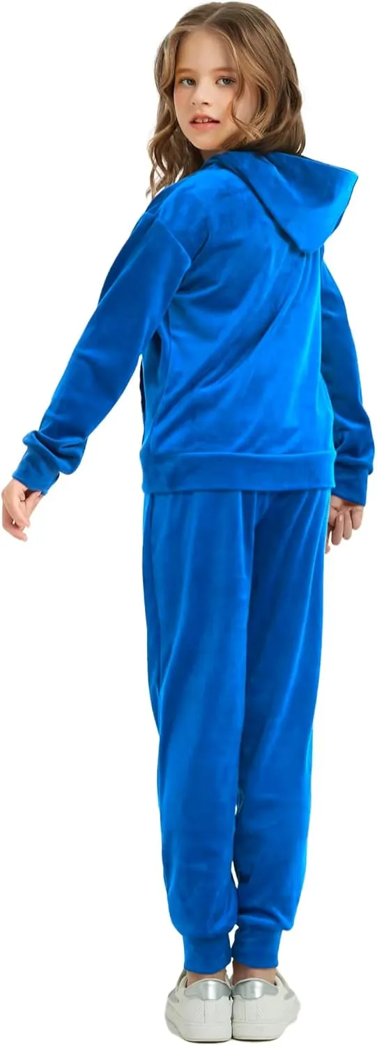 Woolicity Girls Sweatsuits Set Velour Tracksuit 2 Piece Outfits Zip Up Hoodies and Pants Sportswear Jogging Set