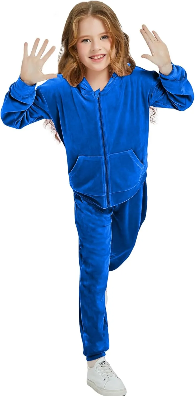 Woolicity Girls Sweatsuits Set Velour Tracksuit 2 Piece Outfits Zip Up Hoodies and Pants Sportswear Jogging Set