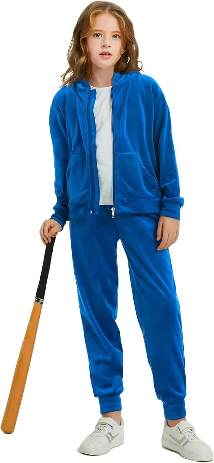 Woolicity Girls Sweatsuits Set Velour Tracksuit 2 Piece Outfits Zip Up Hoodies and Pants Sportswear Jogging Set