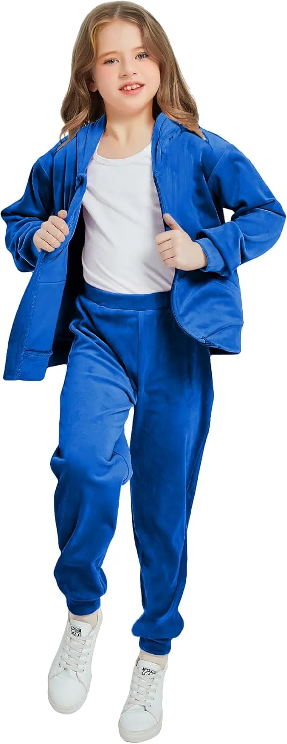 Woolicity Girls Sweatsuits Set Velour Tracksuit 2 Piece Outfits Zip Up Hoodies and Pants Sportswear Jogging Set