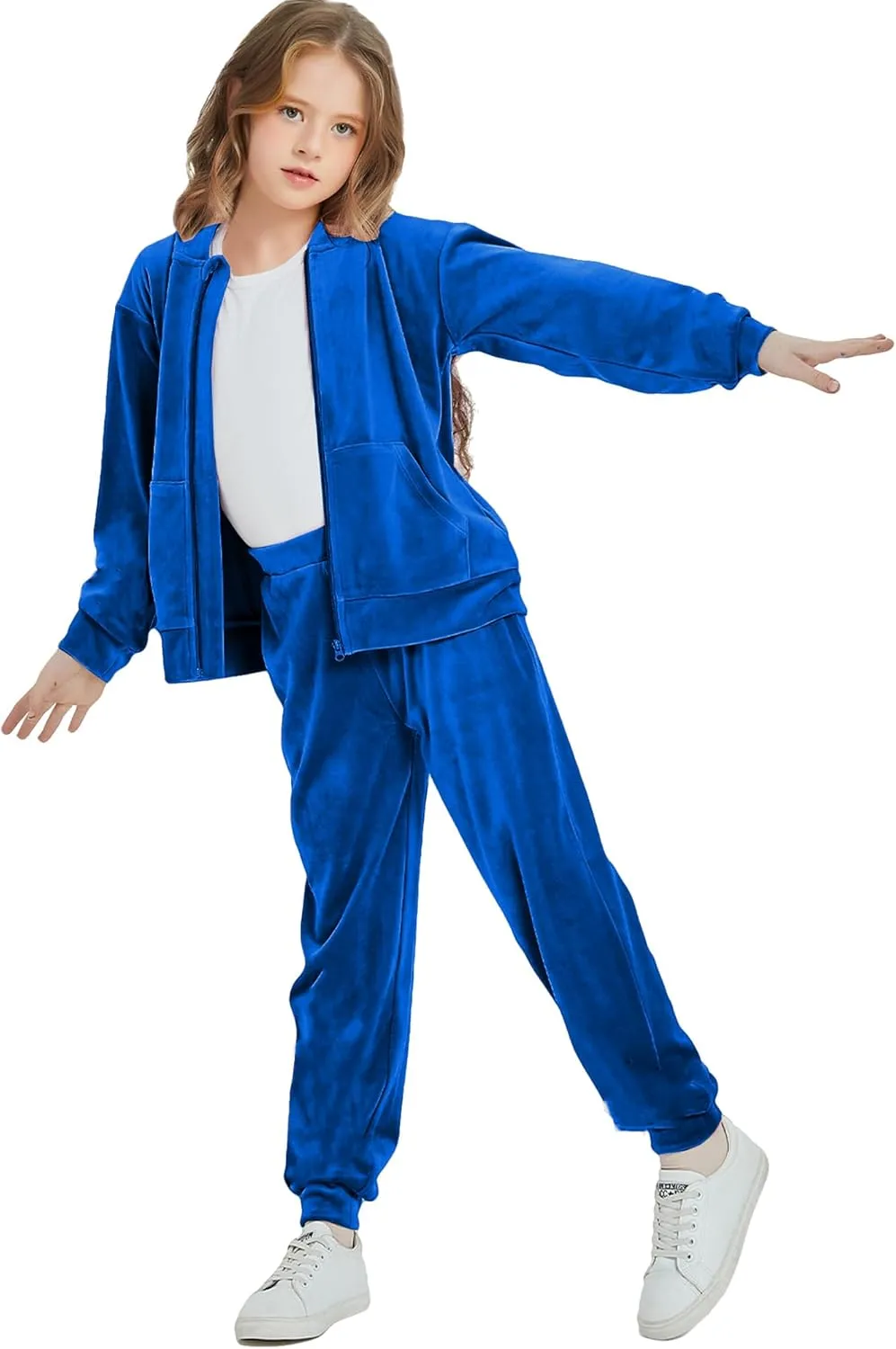 Woolicity Girls Sweatsuits Set Velour Tracksuit 2 Piece Outfits Zip Up Hoodies and Pants Sportswear Jogging Set