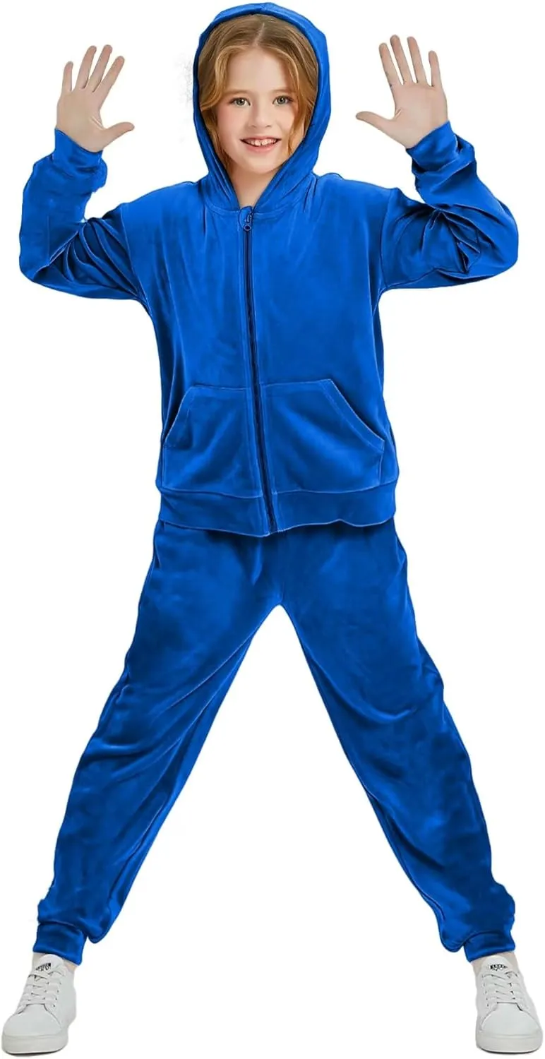 Woolicity Girls Sweatsuits Set Velour Tracksuit 2 Piece Outfits Zip Up Hoodies and Pants Sportswear Jogging Set