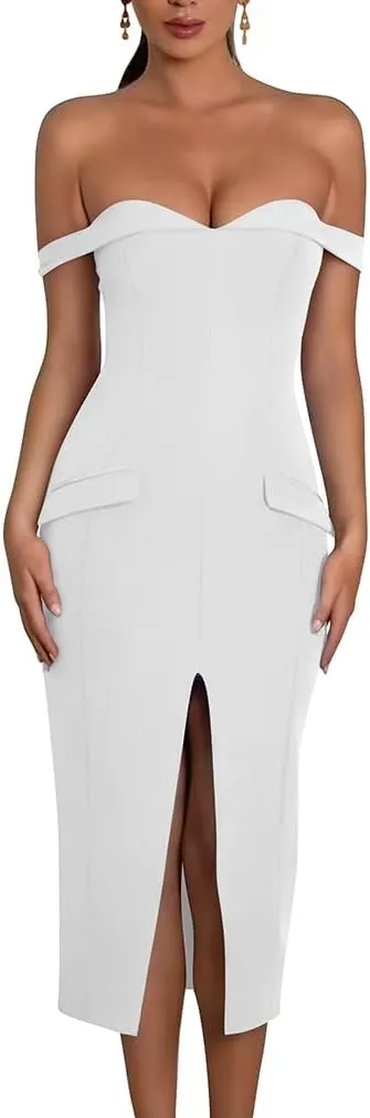 XXTAXN Women's Sexy Bodycon Off The Shoulder Cocktail Party Split Midi Dress