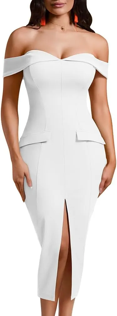 XXTAXN Women's Sexy Bodycon Off The Shoulder Cocktail Party Split Midi Dress