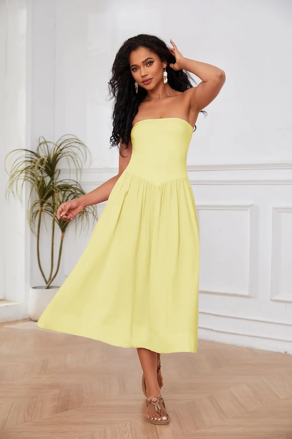 Ythomm Women Strapless Maxi Dress Casual Patchwork Pleated Backless Flowy Long Dress Summer Solid Tube Dresses with Pocket