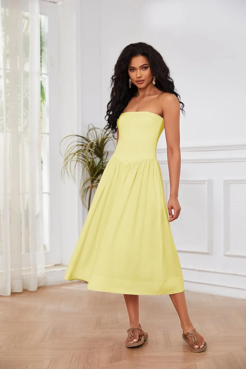Ythomm Women Strapless Maxi Dress Casual Patchwork Pleated Backless Flowy Long Dress Summer Solid Tube Dresses with Pocket