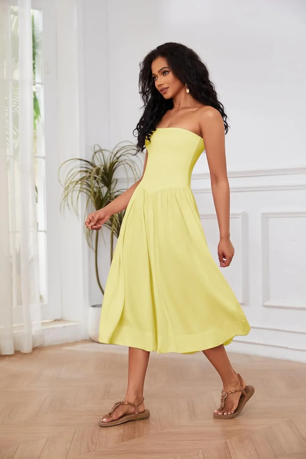 Ythomm Women Strapless Maxi Dress Casual Patchwork Pleated Backless Flowy Long Dress Summer Solid Tube Dresses with Pocket