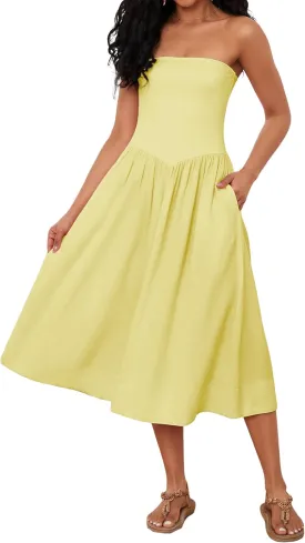 Ythomm Women Strapless Maxi Dress Casual Patchwork Pleated Backless Flowy Long Dress Summer Solid Tube Dresses with Pocket
