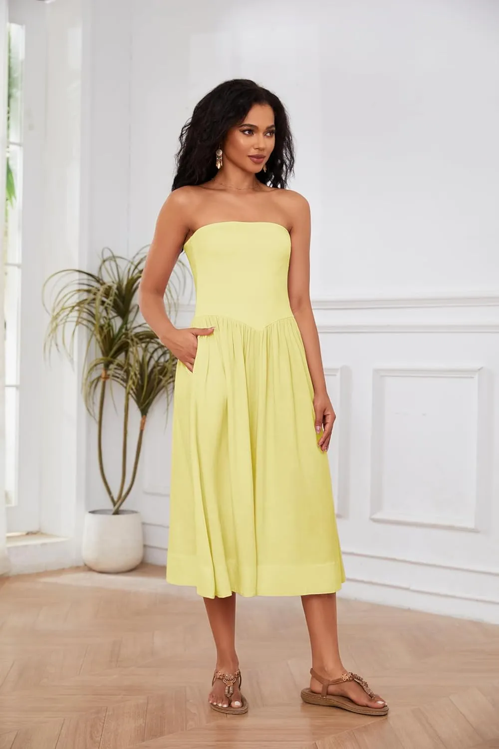 Ythomm Women Strapless Maxi Dress Casual Patchwork Pleated Backless Flowy Long Dress Summer Solid Tube Dresses with Pocket